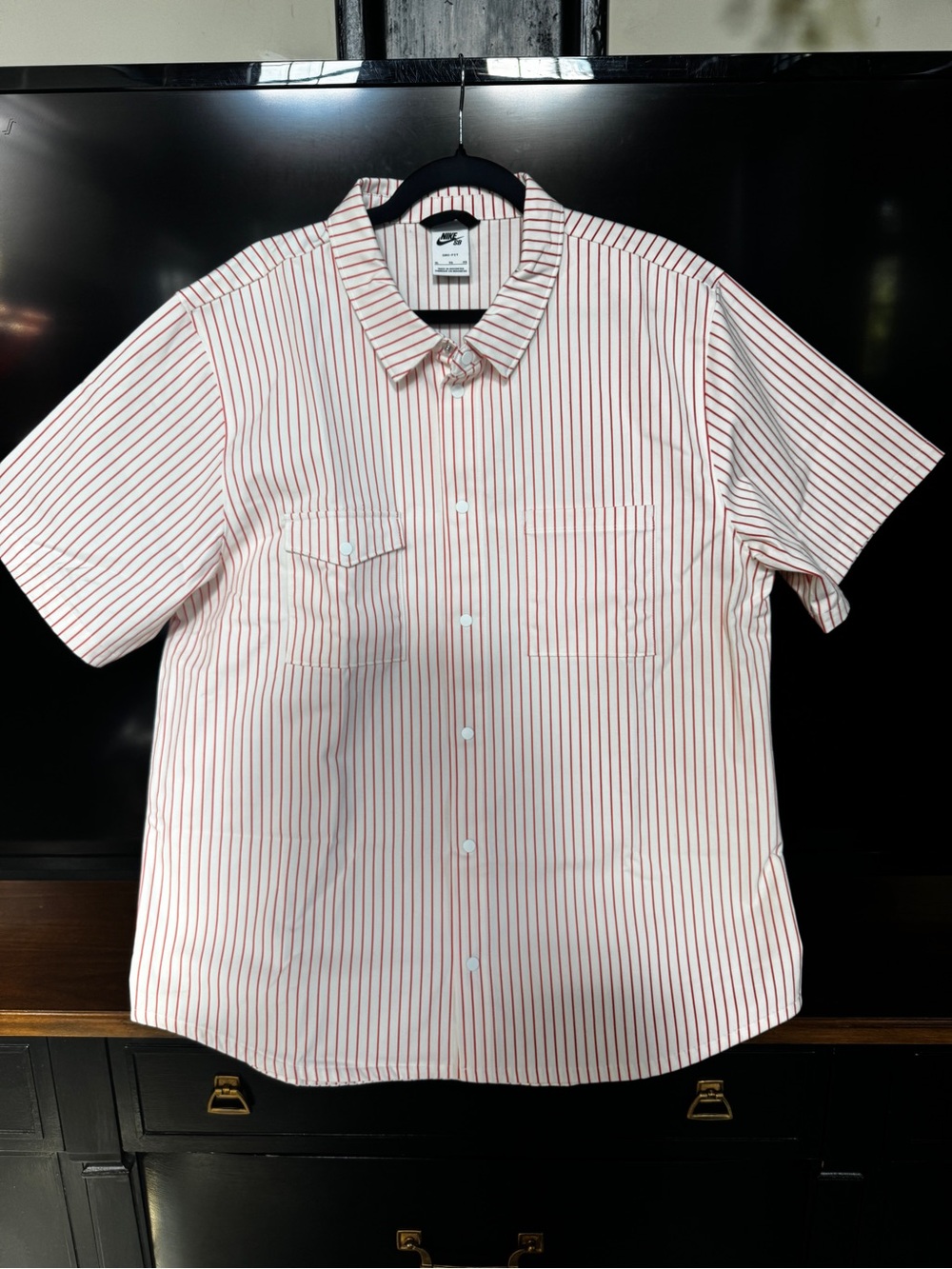 Nike Short-Sleeve Button-Down Shirt in White with Orange Stripes